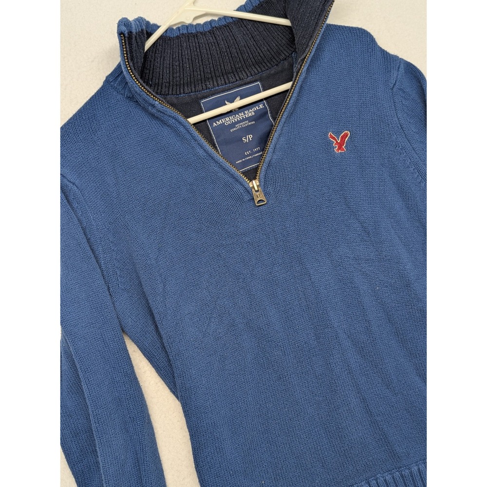 American Eagle Outfitters Mens Blue 1/4 Zip Cotton Knit Sweater Small Eagle Logo